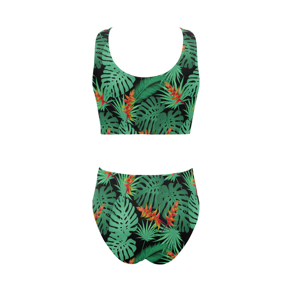 heliconia flower palm monstera leaves black backgr Chest Bowknot High Waisted Bikini Swimsuit