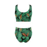 heliconia flower palm monstera leaves black backgr Chest Bowknot High Waisted Bikini Swimsuit