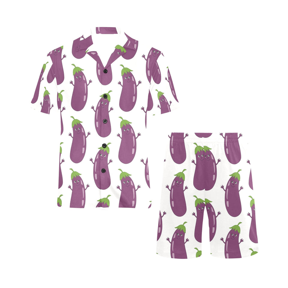 Eggplant Pattern Print Design 01 Men's V-Neck Short Pajama Set