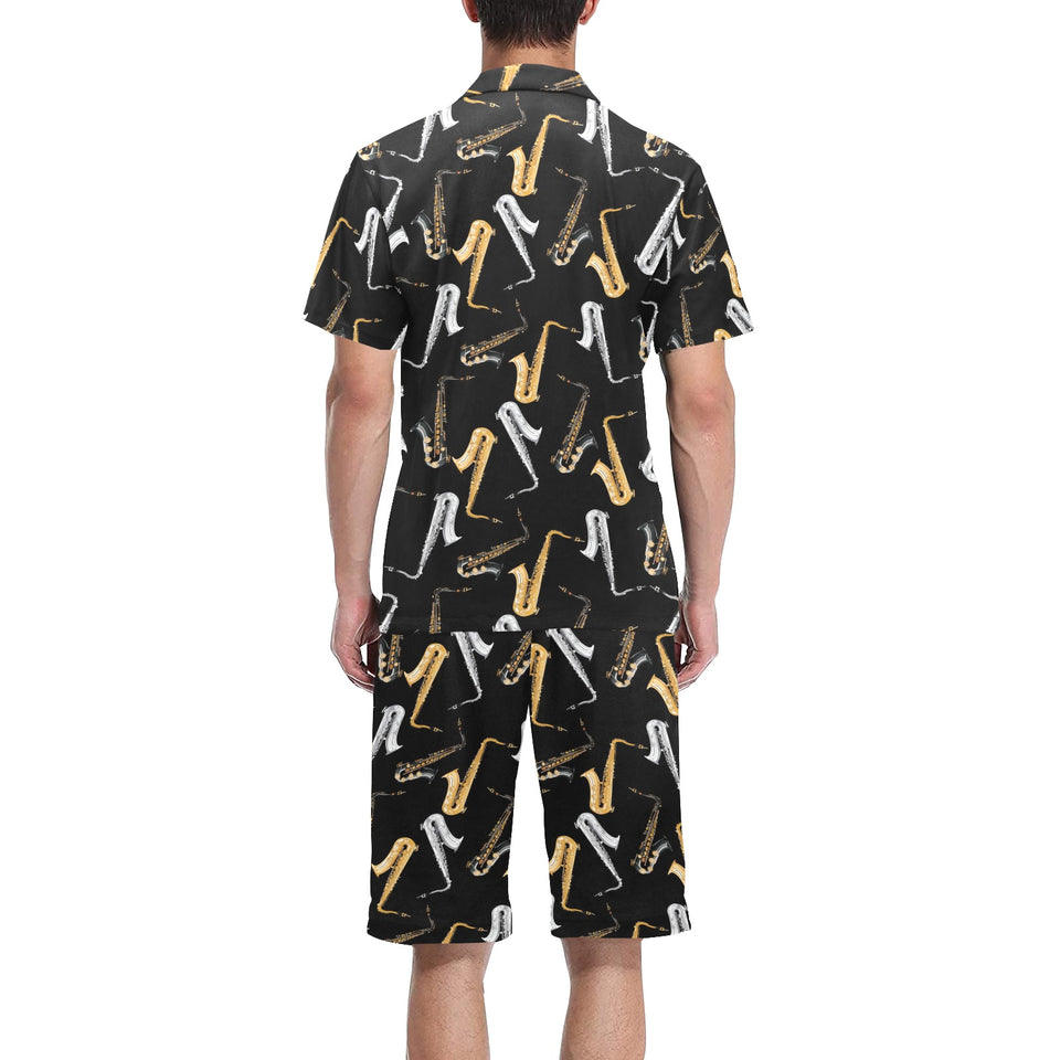 saxophone design pattern Men's V-Neck Short Pajama Set
