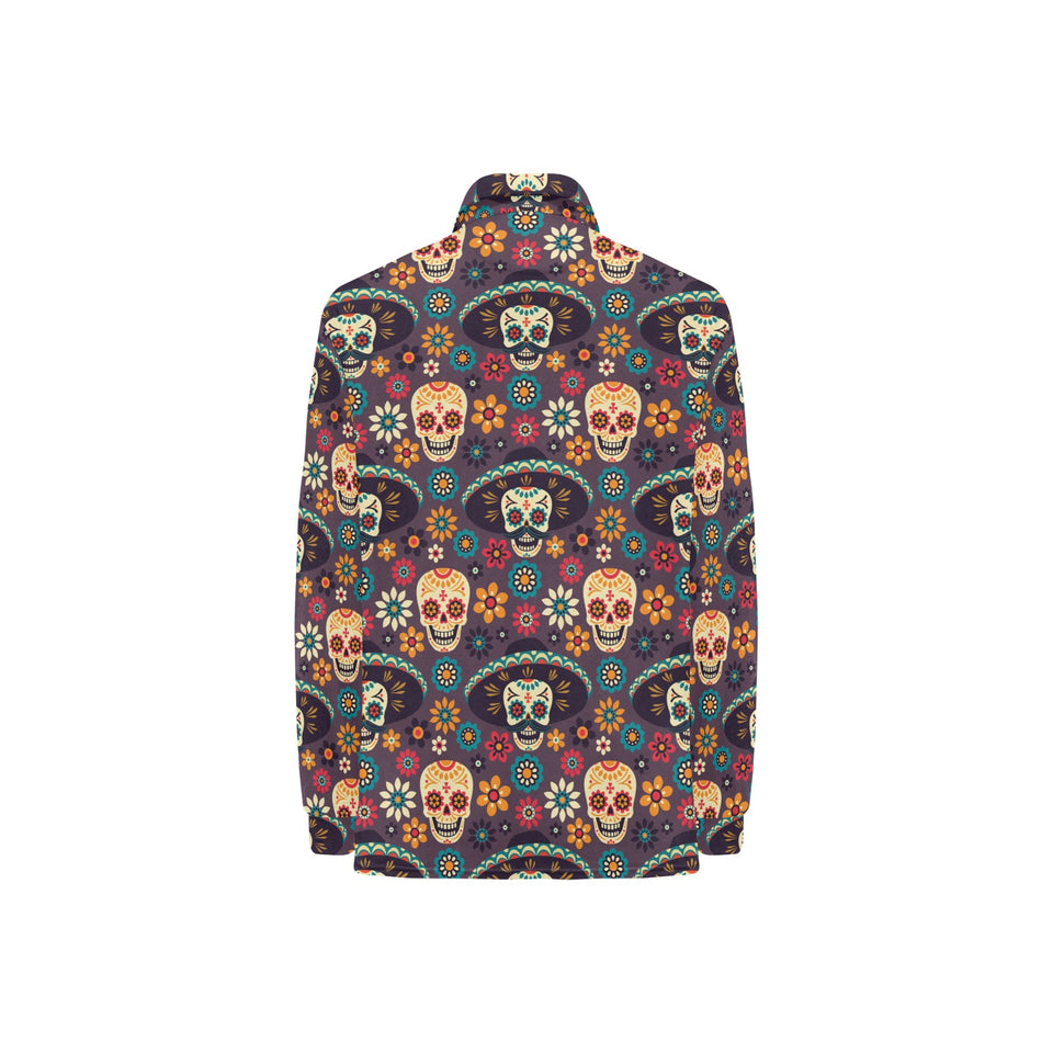 Sugar skulls flower maxican pattern Women's Long Sleeve Polo Shirt