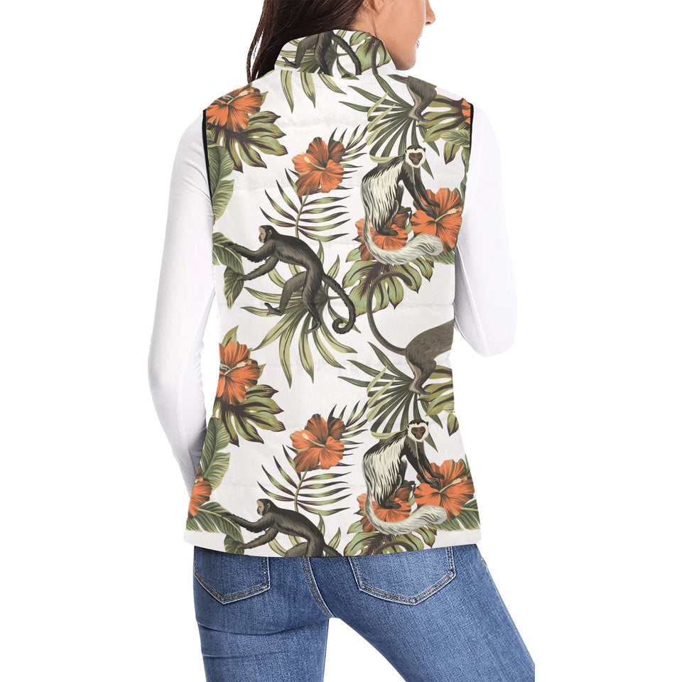 Monkey red hibiscus flower palm leaves floral patt Women's Padded Vest