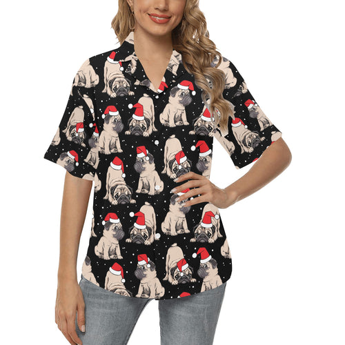 Christmas Pugs Santa_s red cap pattern Women's All Over Print Hawaiian Shirt