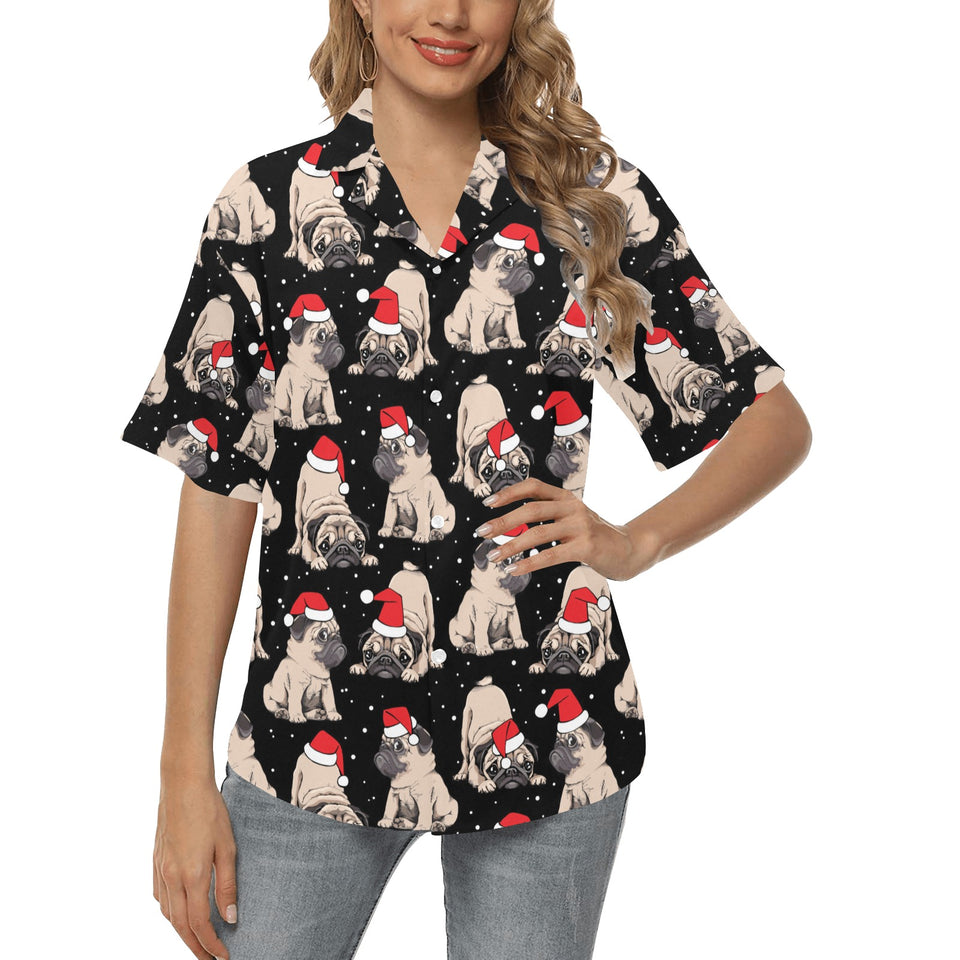 Christmas Pugs Santa_s red cap pattern Women's All Over Print Hawaiian Shirt
