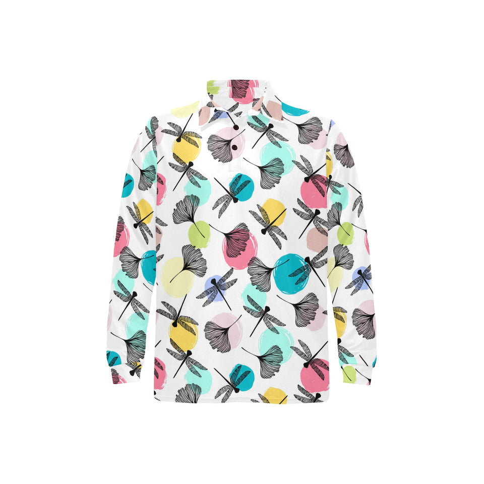 Dragonflies ginkgo leaves pattern Men's Long Sleeve Polo Shirt