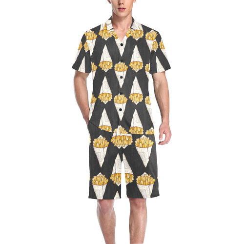 French fries dark background Men's V-Neck Short Pajama Set