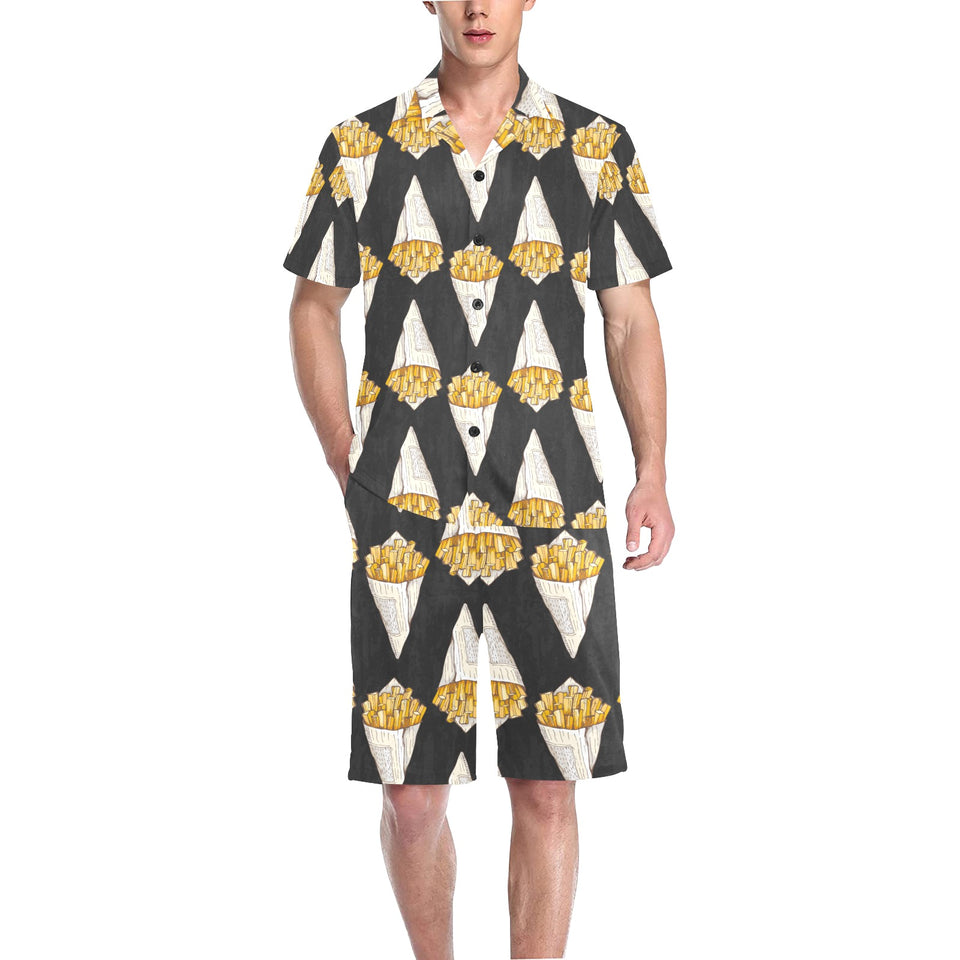 French fries dark background Men's V-Neck Short Pajama Set