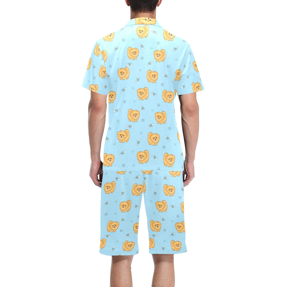 Brown cute pomeranian blue blackground Men's V-Neck Short Pajama Set
