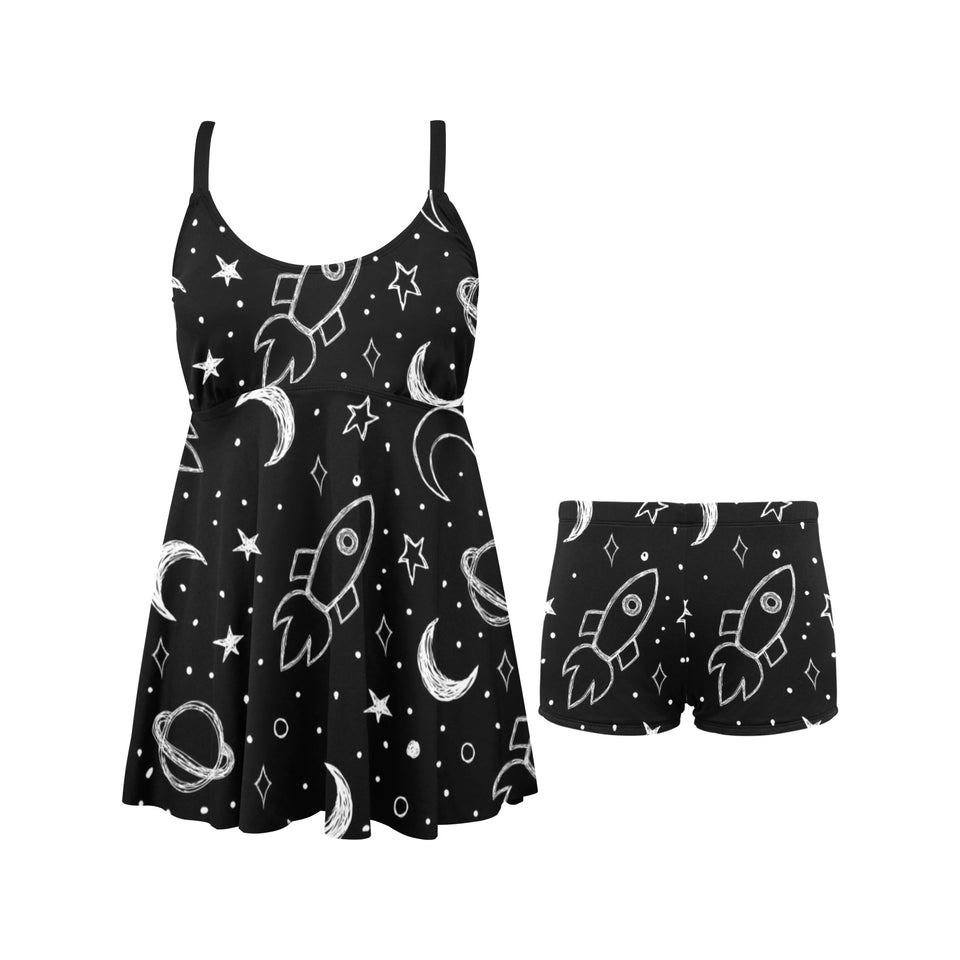 Hand drawn space rocket star planet Chest Sexy Pleated Two Piece Swim Dress
