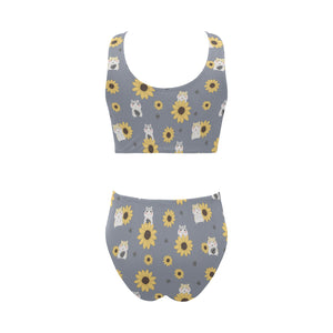 Cute hamster sunflower pattern background Chest Bowknot High Waisted Bikini Swimsuit