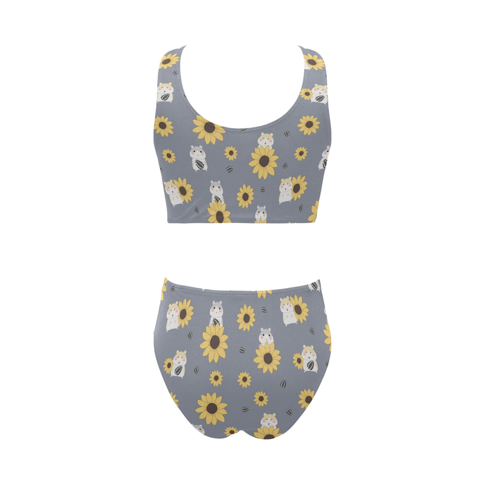 Cute hamster sunflower pattern background Chest Bowknot High Waisted Bikini Swimsuit