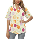 Onion garlic white red pattern Women's All Over Print Hawaiian Shirt