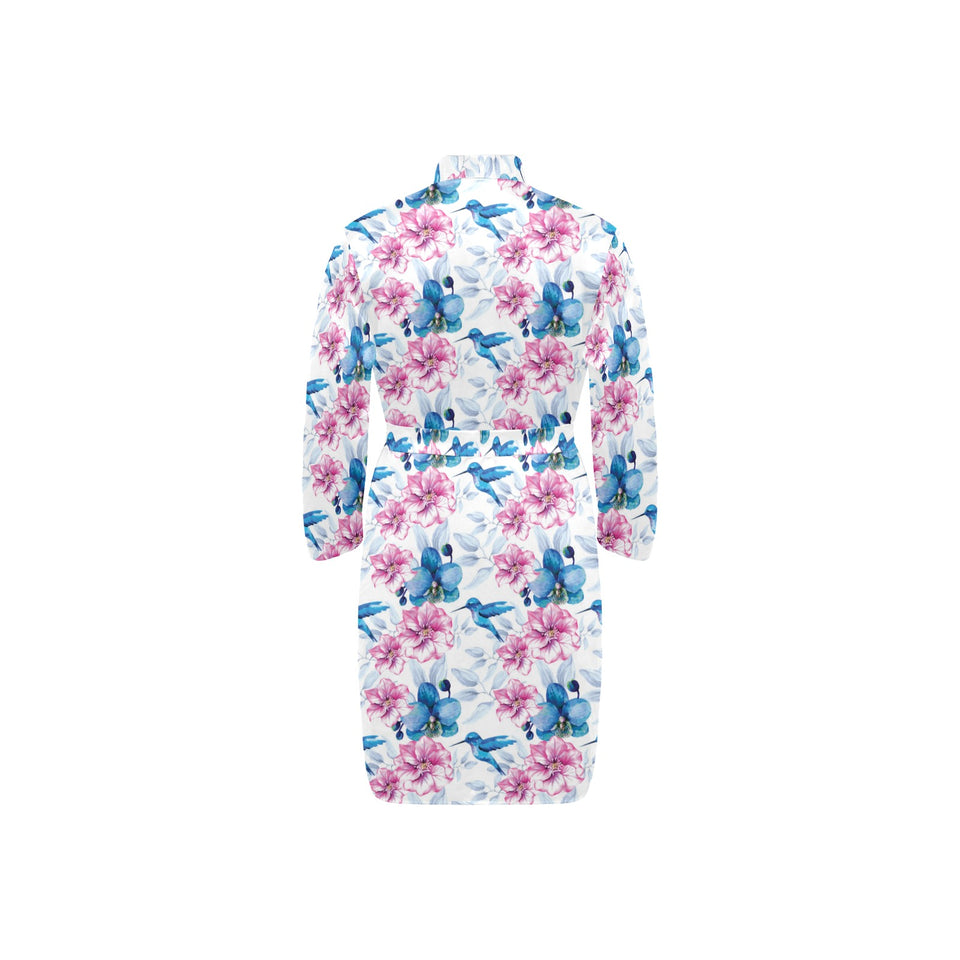 Hummingbird Pattern Print Design 02 Men's Long Sleeve Belted Night Robe