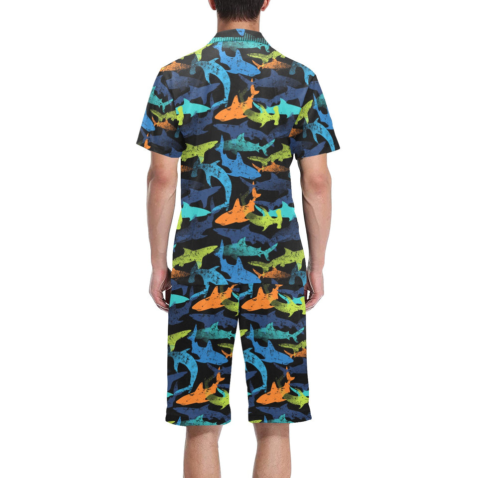 Colorful shark Men's V-Neck Short Pajama Set