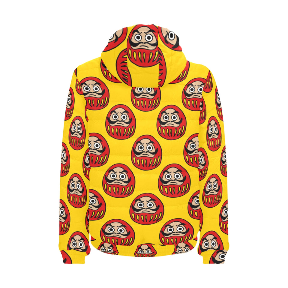 Daruma japanese wooden doll yellow background Men's Padded Hooded Jacket