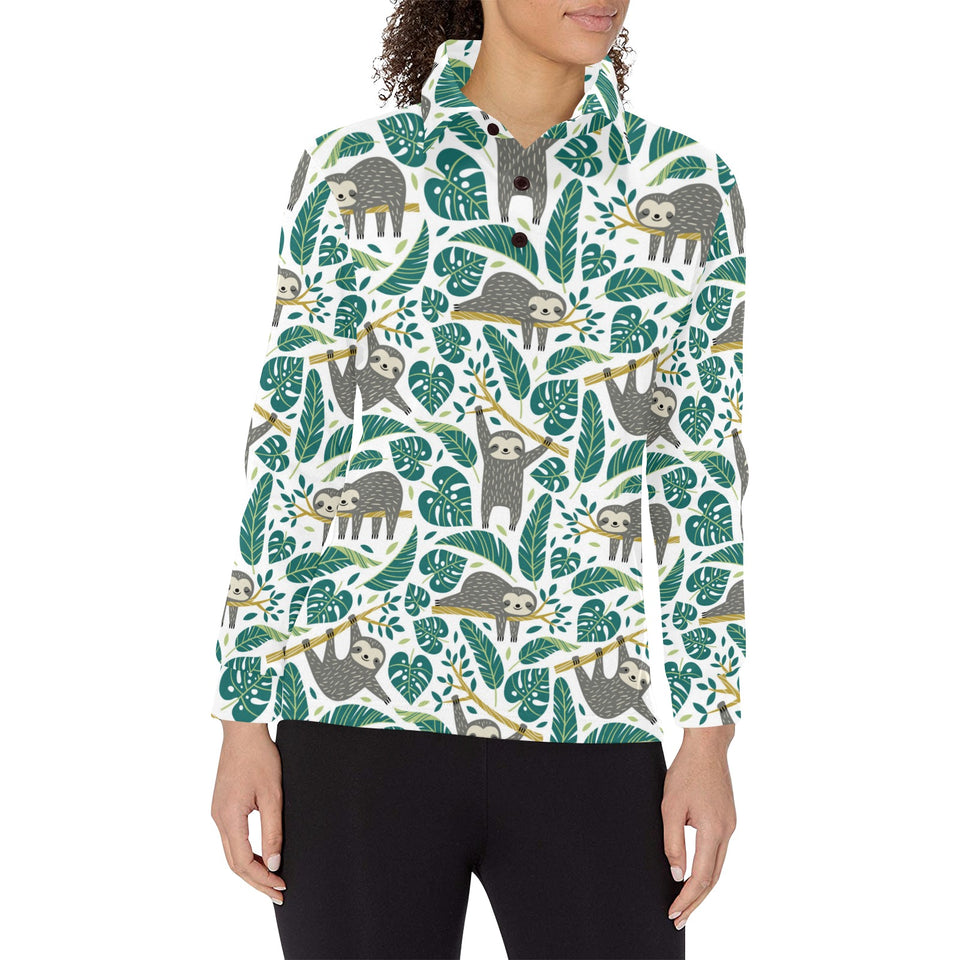 Cute sloths tropical palm leaves white background Women's Long Sleeve Polo Shirt