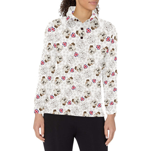 English Bulldog Pattern Print Design 01 Women's Long Sleeve Polo Shirt
