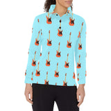 electric guitar pattern light blue background Women's Long Sleeve Polo Shirt