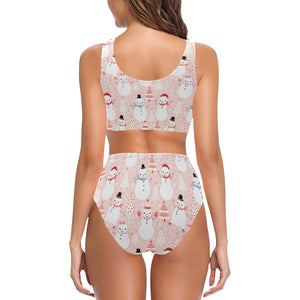 Cute snowman christmas tree snowpink background Chest Bowknot High Waisted Bikini Swimsuit
