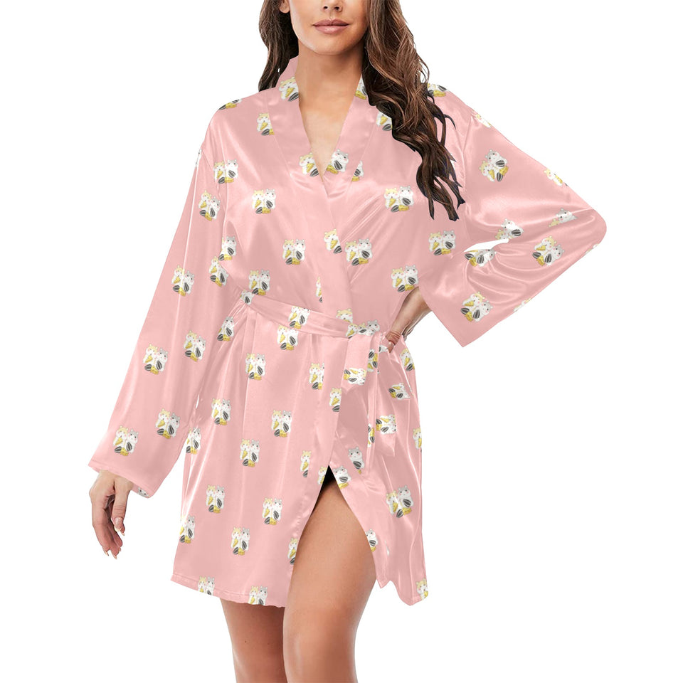 Cute hamster cheese pattern pink background Women's Long Sleeve Belted Night Robe