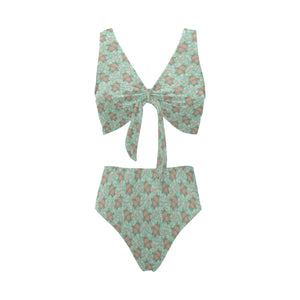 Hippopotamus Pattern Print Design 02 Chest Bowknot High Waisted Bikini Swimsuit