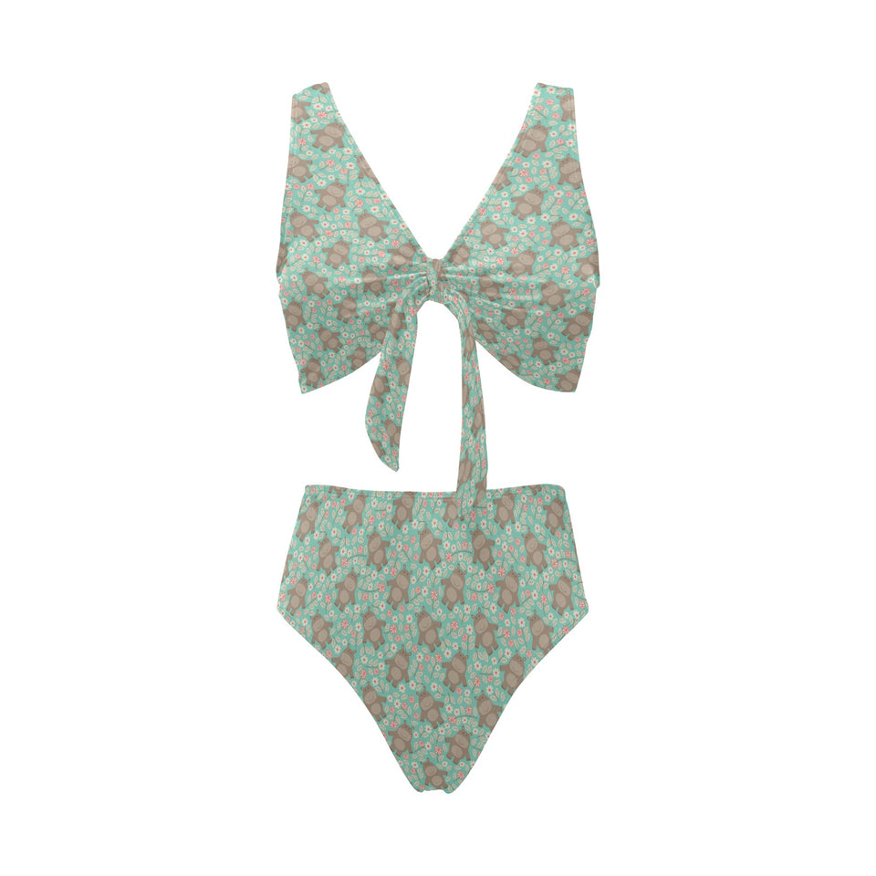 Hippopotamus Pattern Print Design 02 Chest Bowknot High Waisted Bikini Swimsuit