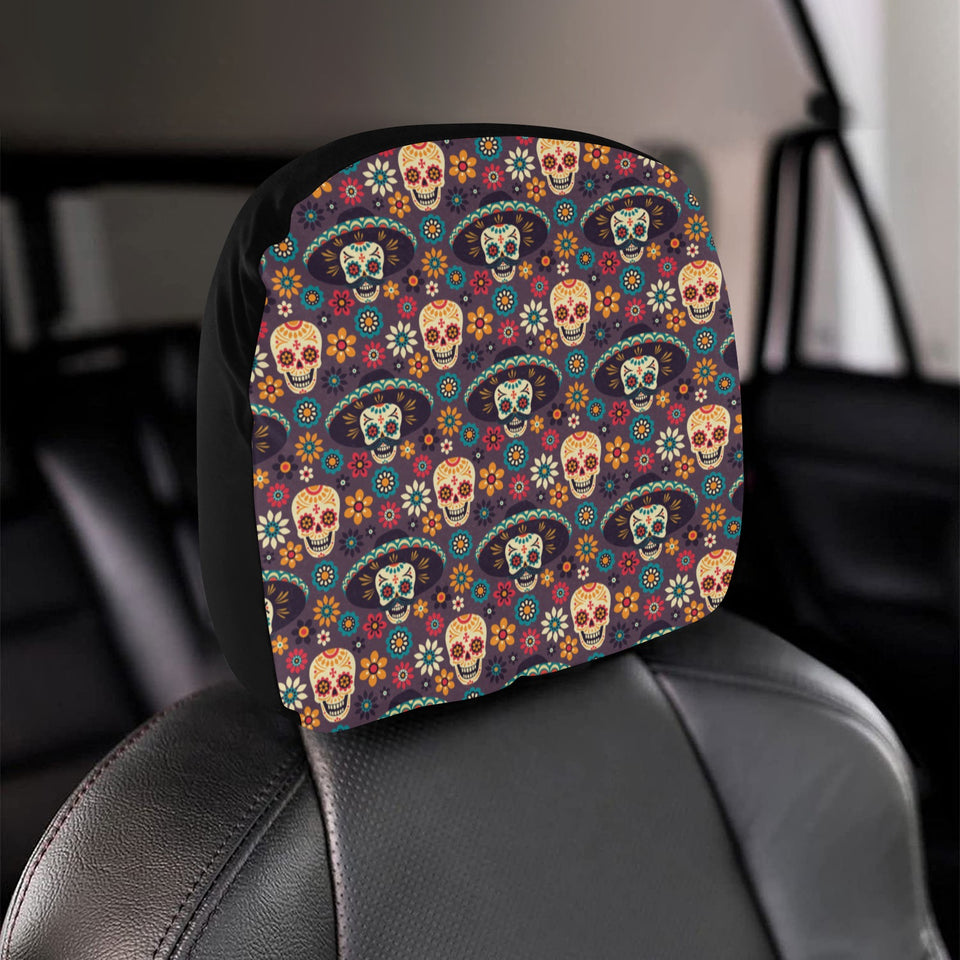Sugar skulls flower maxican pattern Car Headrest Cover