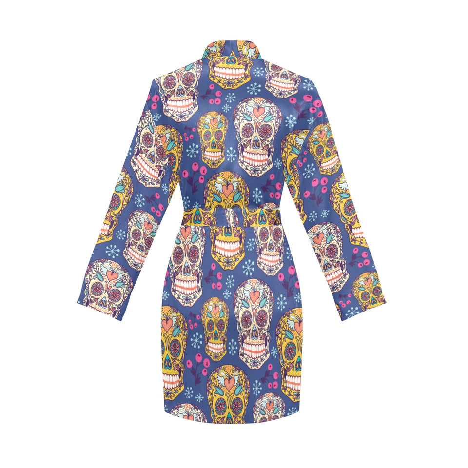 Sugar skull flower pattern Women's Long Sleeve Belted Night Robe