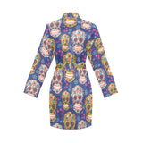 Sugar skull flower pattern Women's Long Sleeve Belted Night Robe