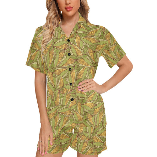 Corn Pattern Print Design 01 Women's V-Neck Short Pajama Set