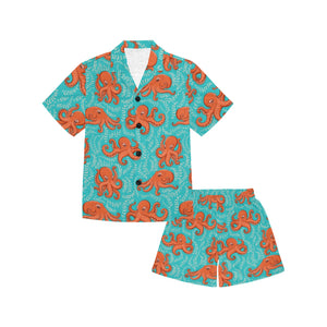 Octopus turquoise background Kids' Boys' Girls' V-Neck Short Pajama Set