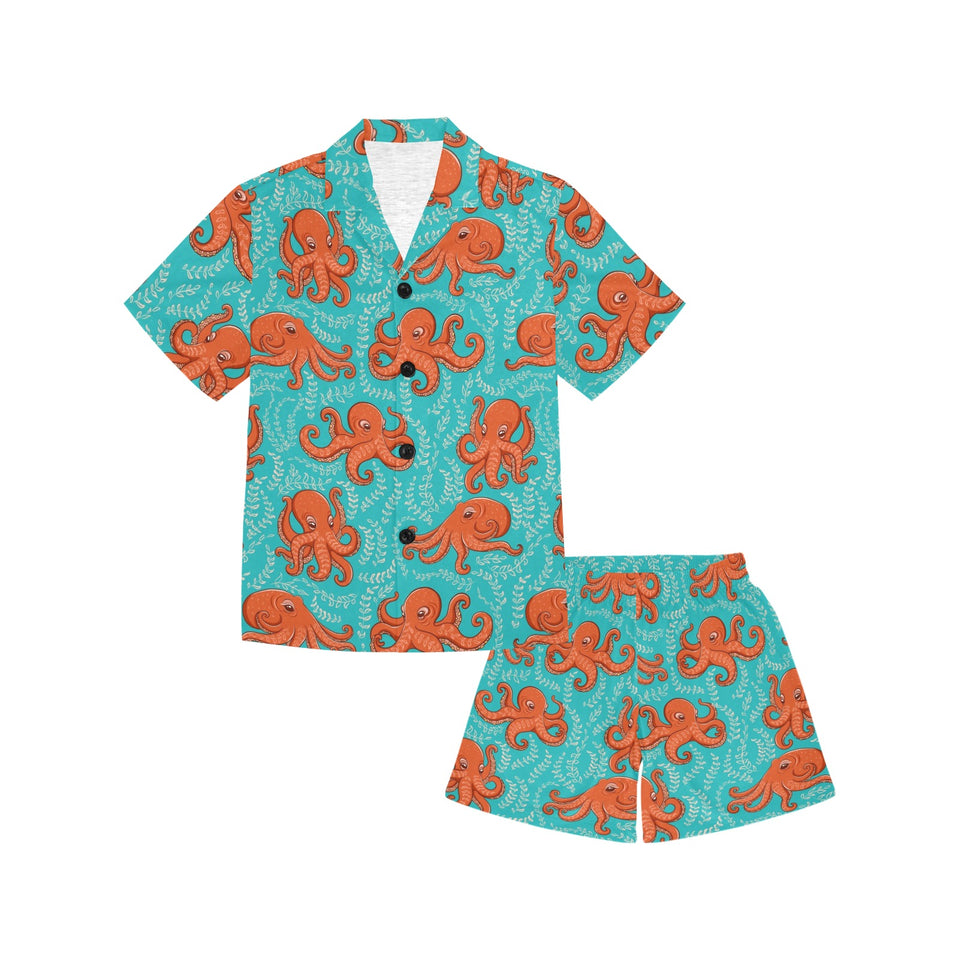 Octopus turquoise background Kids' Boys' Girls' V-Neck Short Pajama Set