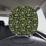 Cute sloths tropical palm leaves black background Car Headrest Cover