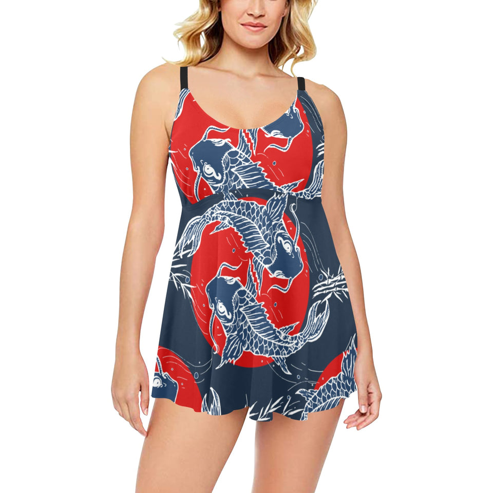 Koi Fish Carp Fishs hand drawn japanese art Chest Sexy Pleated Two Piece Swim Dress