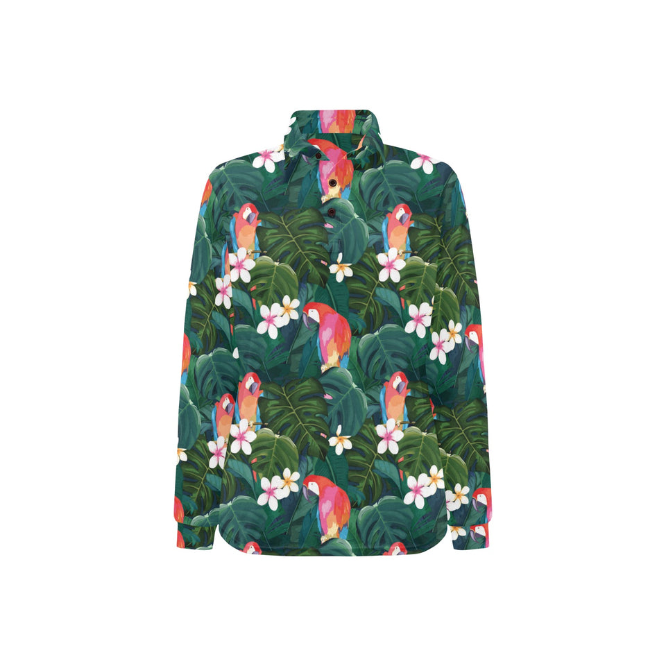 Parrot Palm tree leaves flower hibiscus pattern Women's Long Sleeve Polo Shirt
