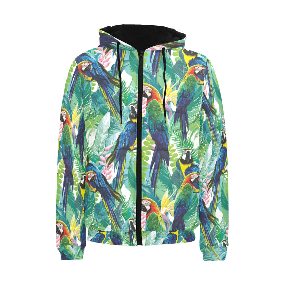 Colorful parrot exotic flower leaves Men's Padded Hooded Jacket