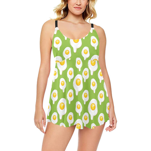 Fried Eggs Pattern Print Design 01 Chest Sexy Pleated Two Piece Swim Dress
