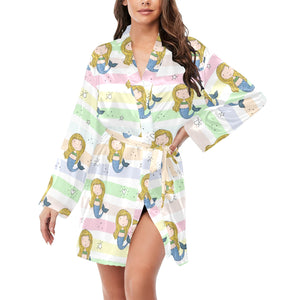 Cute hand drawn mermaid Women's Long Sleeve Belted Night Robe