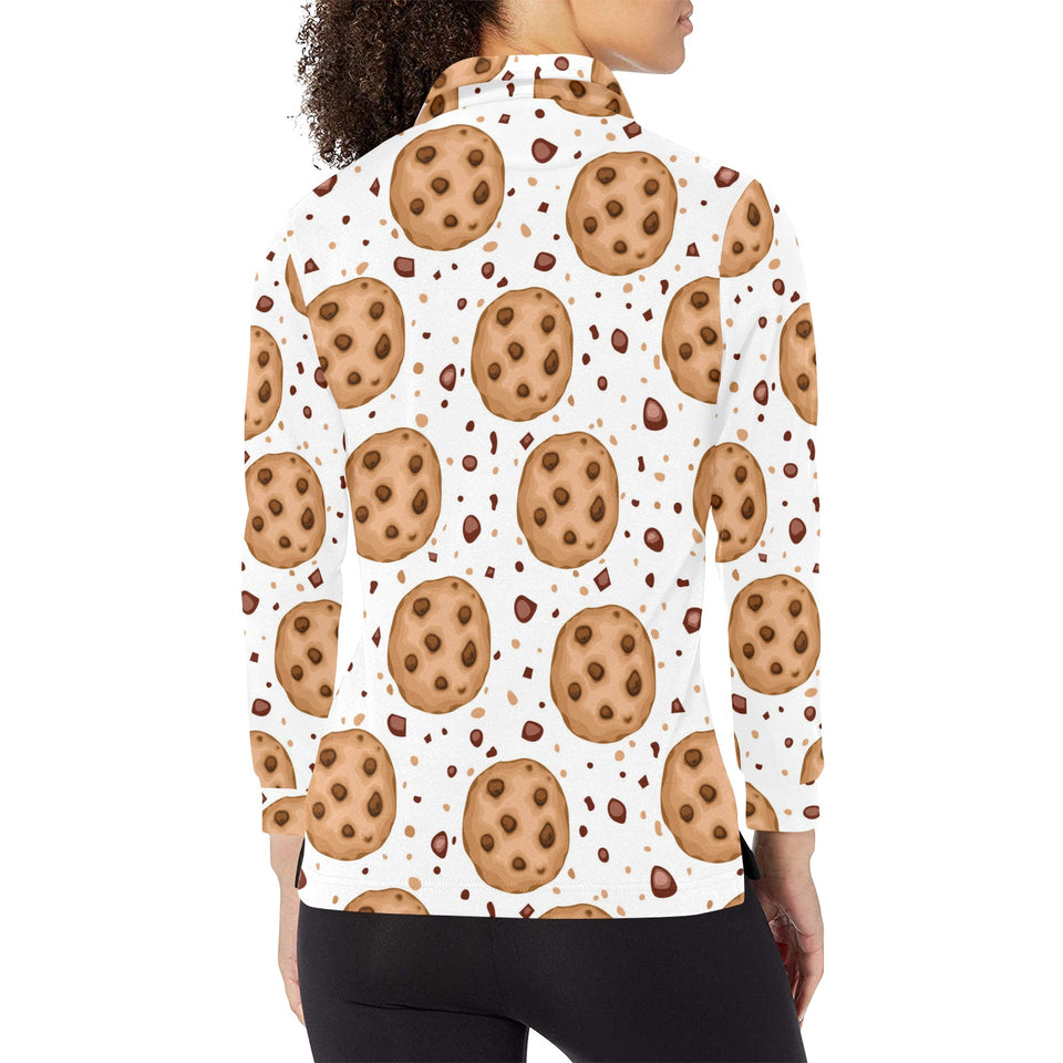 chocolate chip cookie pattern Women's Long Sleeve Polo Shirt