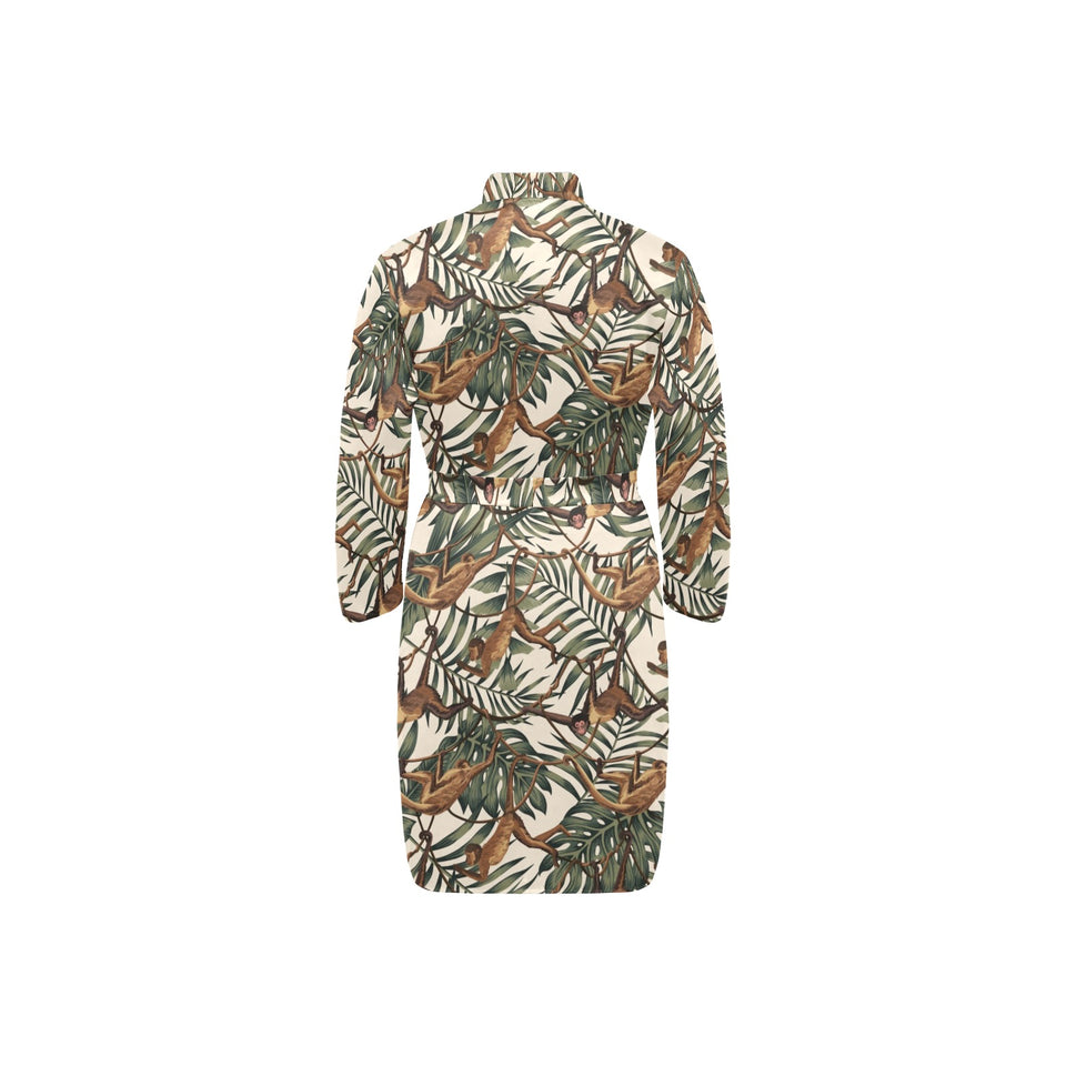 Monkey tropical leaves background Men's Long Sleeve Belted Night Robe
