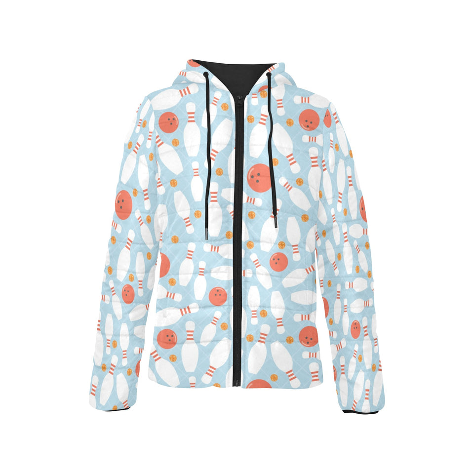 Bowling ball bowling pins blue blackground Women's Padded Hooded Jacket