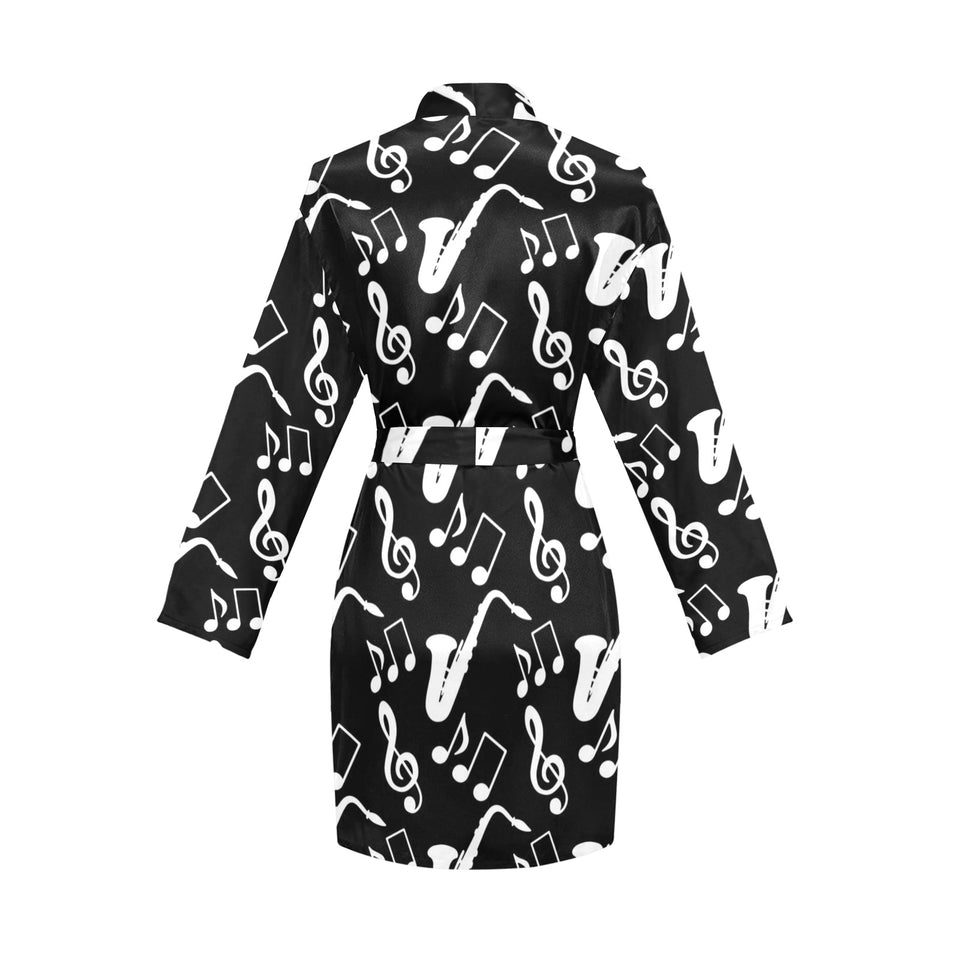 Saxophone music notes treble clef black white them Women's Long Sleeve Belted Night Robe