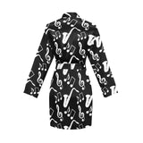 Saxophone music notes treble clef black white them Women's Long Sleeve Belted Night Robe