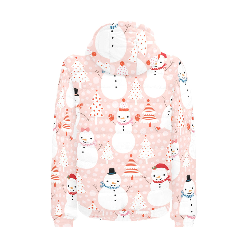 Cute snowman christmas tree snowpink background Men's Padded Hooded Jacket