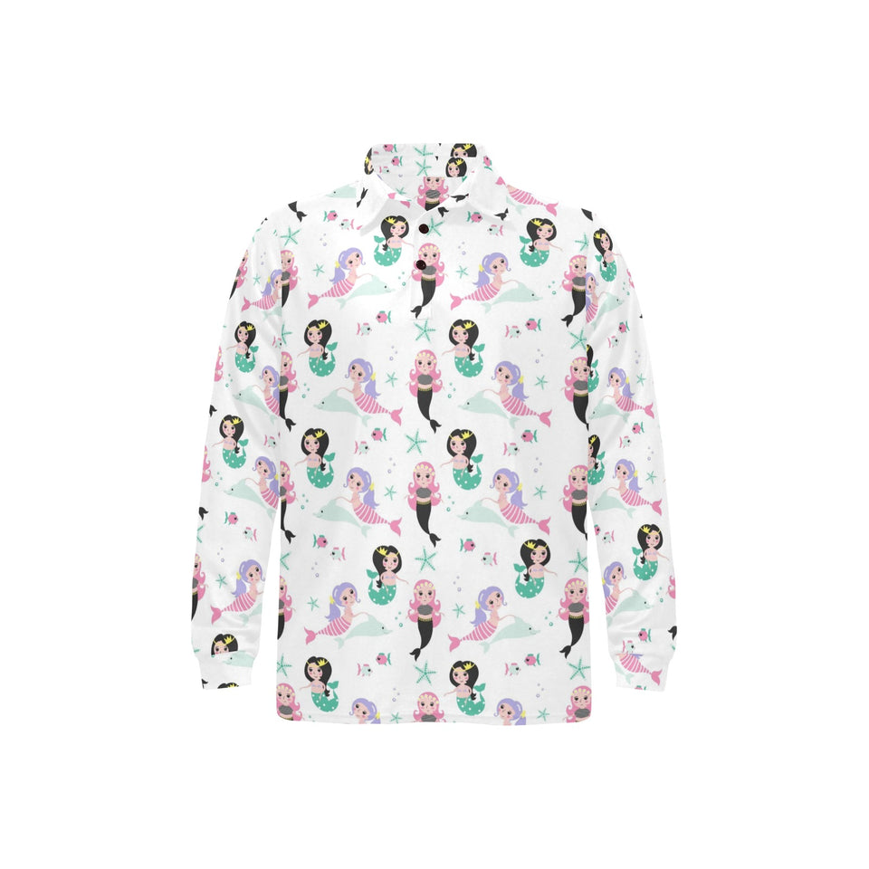 cute mermaid dolphin fish starfish pattern Men's Long Sleeve Polo Shirt