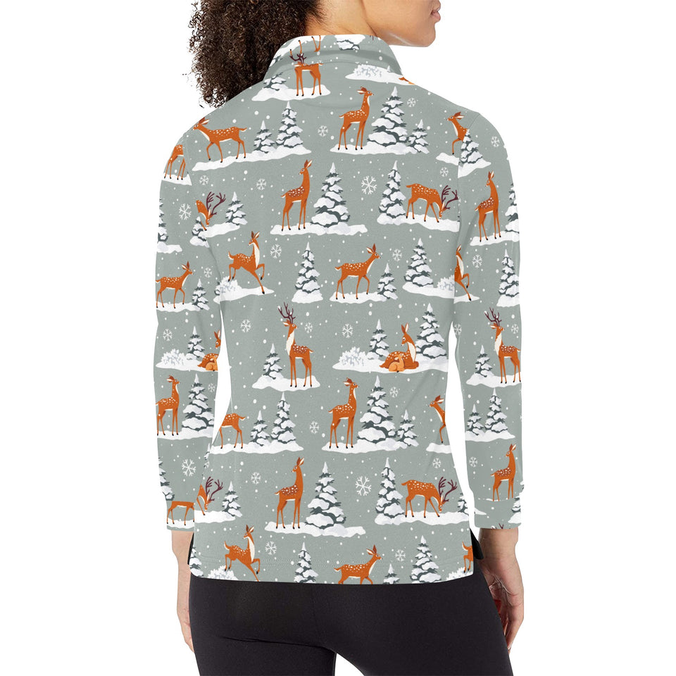 Beautiful deers Winter Christmas Women's Long Sleeve Polo Shirt