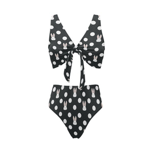 Cute white rabbit polka dots black background Chest Bowknot High Waisted Bikini Swimsuit