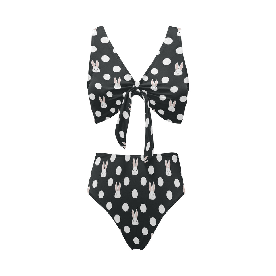Cute white rabbit polka dots black background Chest Bowknot High Waisted Bikini Swimsuit