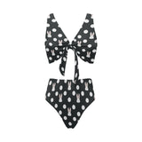 Cute white rabbit polka dots black background Chest Bowknot High Waisted Bikini Swimsuit