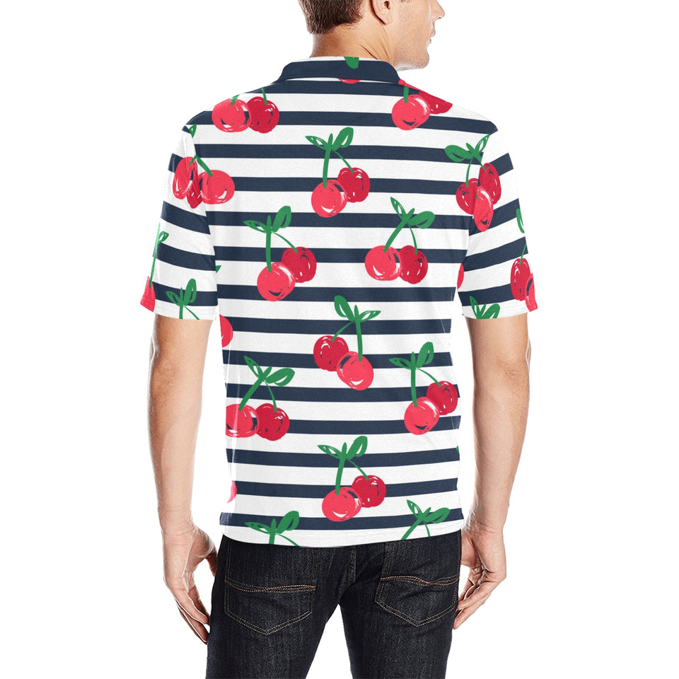 Hand drawn cherry pattern striped background Men's All Over Print Polo Shirt
